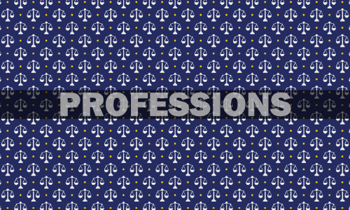 Illustration of the pattern comprised of scales of justice icon on a blue background. Caption: PROFESSIONS centered over the illustration.
