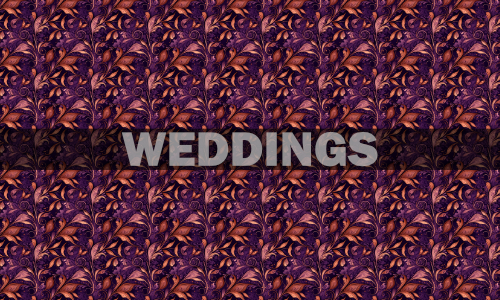 Illustration of botanical pattern in copper and plum colors. Caption centered over illustration: WEDDINGS