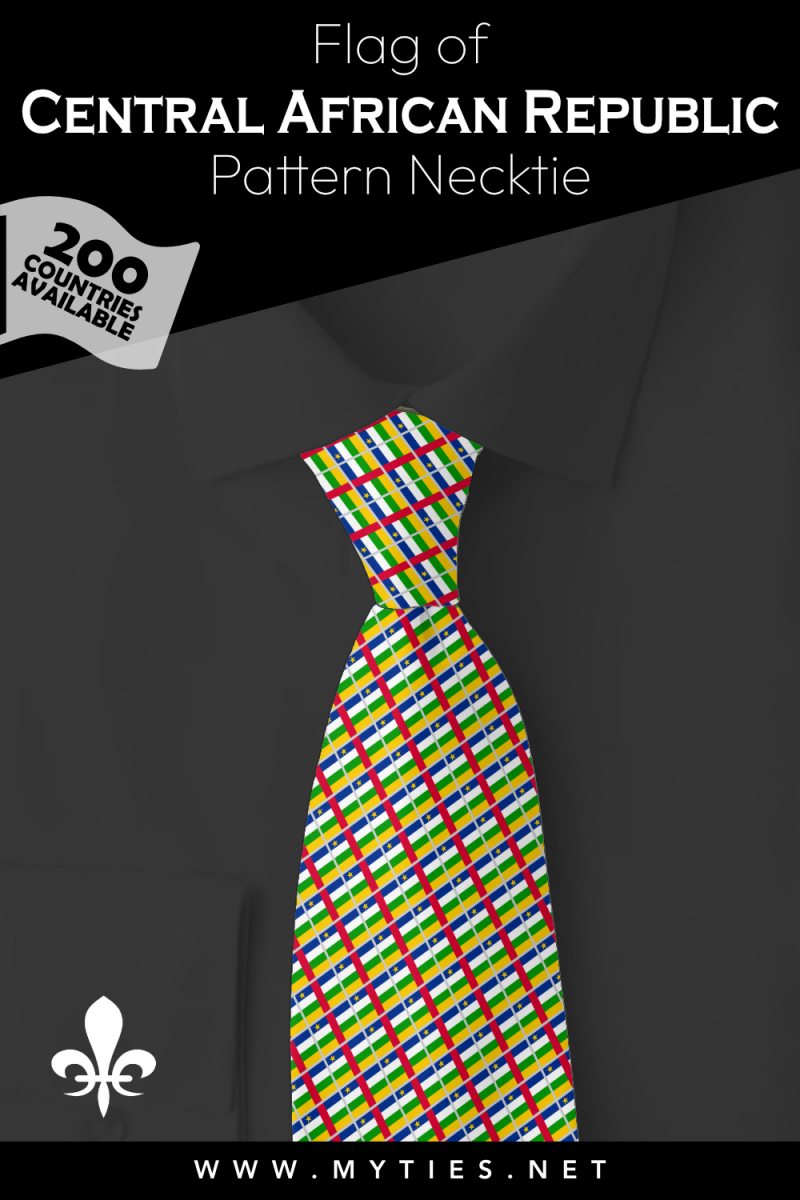 Pinterest Pin image: Flag of Central African Republic patterned necktie, illustration of Central African Republic flag necktie on folded black shirt