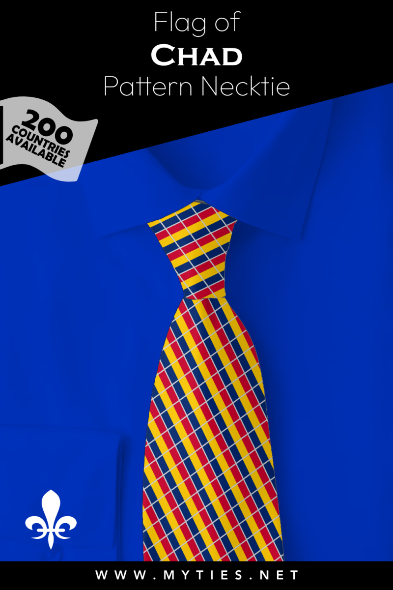 Pinterest Pin image: Flag of Chad patterned necktie, illustration of Chad flag necktie on folded blue shirt