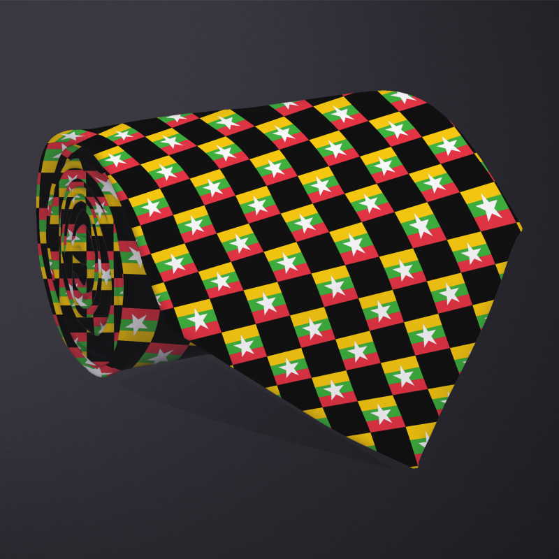 Myanmar flag checkered necktie, rolled