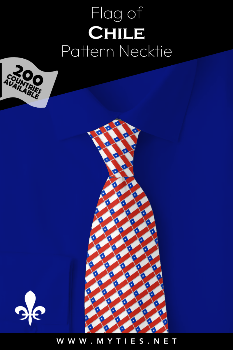Pinterest Pin image: Flag of Chile patterned necktie, illustration of Chile flag necktie on folded blue shirt