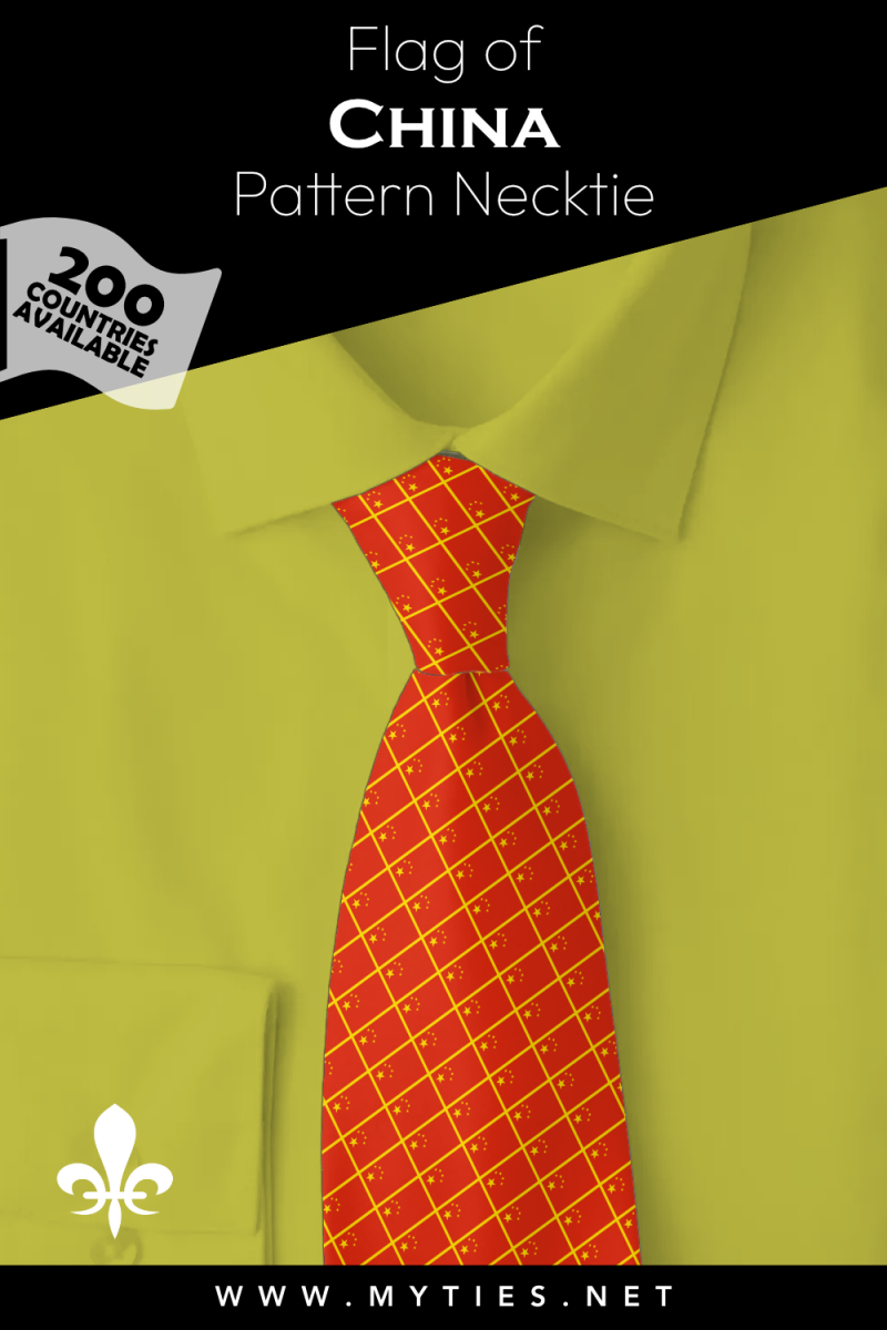 Pinterest Pin image: Flag of China patterned necktie, illustration of China flag necktie on folded yellow shirt