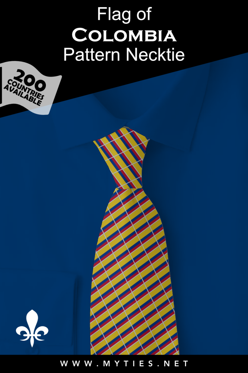 Pinterest Pin image: Flag of Colombia patterned necktie, illustration of Colombia flag necktie on folded blue shirt