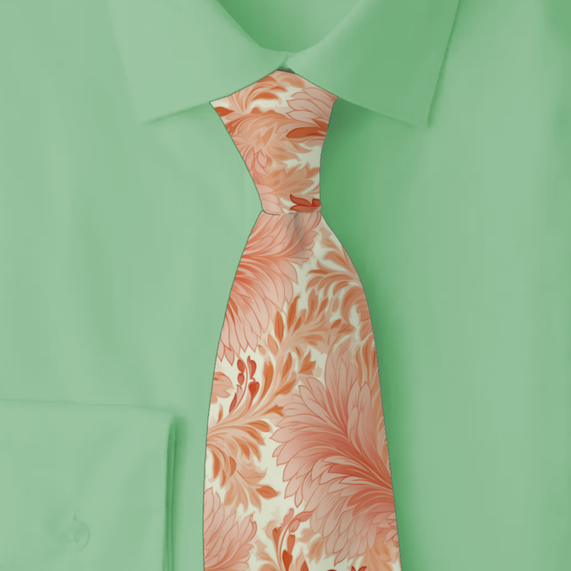 Coral floral necktie tied folded on light green shirt
