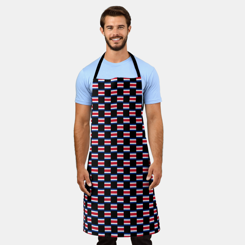Costa Rica flag checkered pattern on full-length apron – perfect for the kitchen or grill.