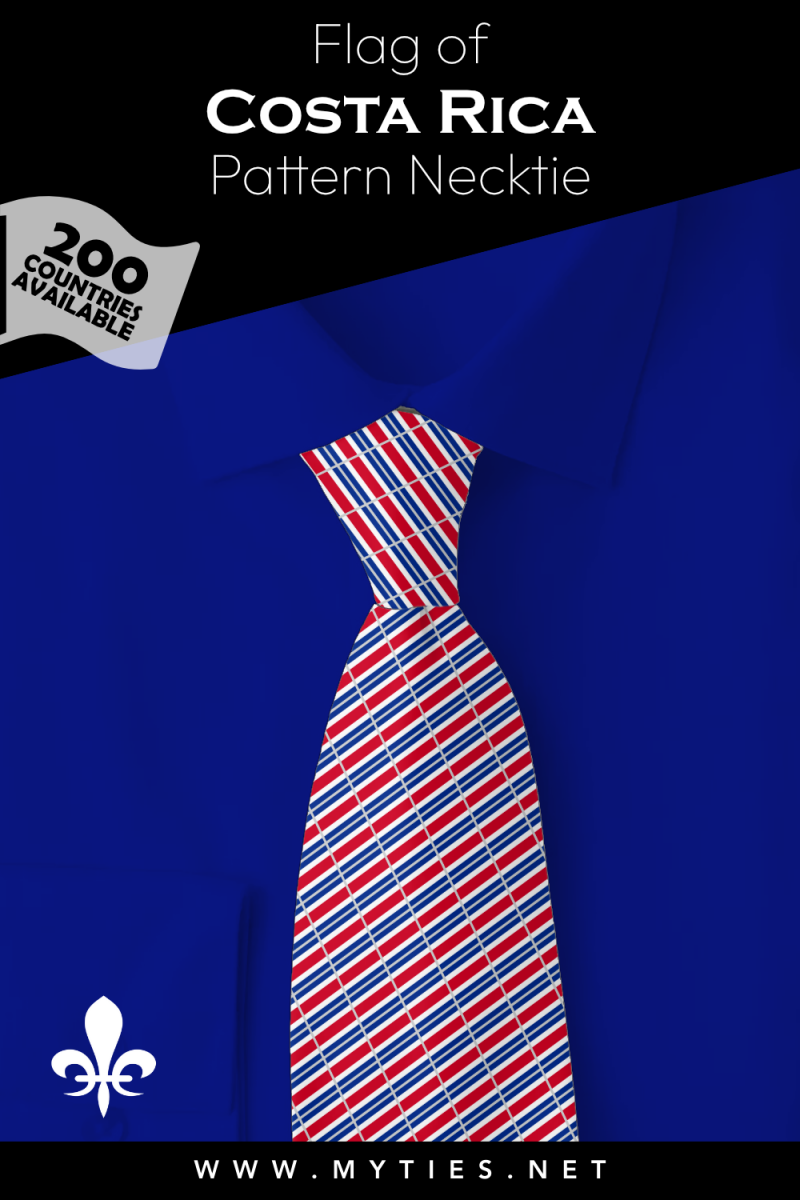 Pinterest Pin image: Flag of Costa Rica patterned necktie, illustration of Costa Rica flag necktie on folded blue shirt