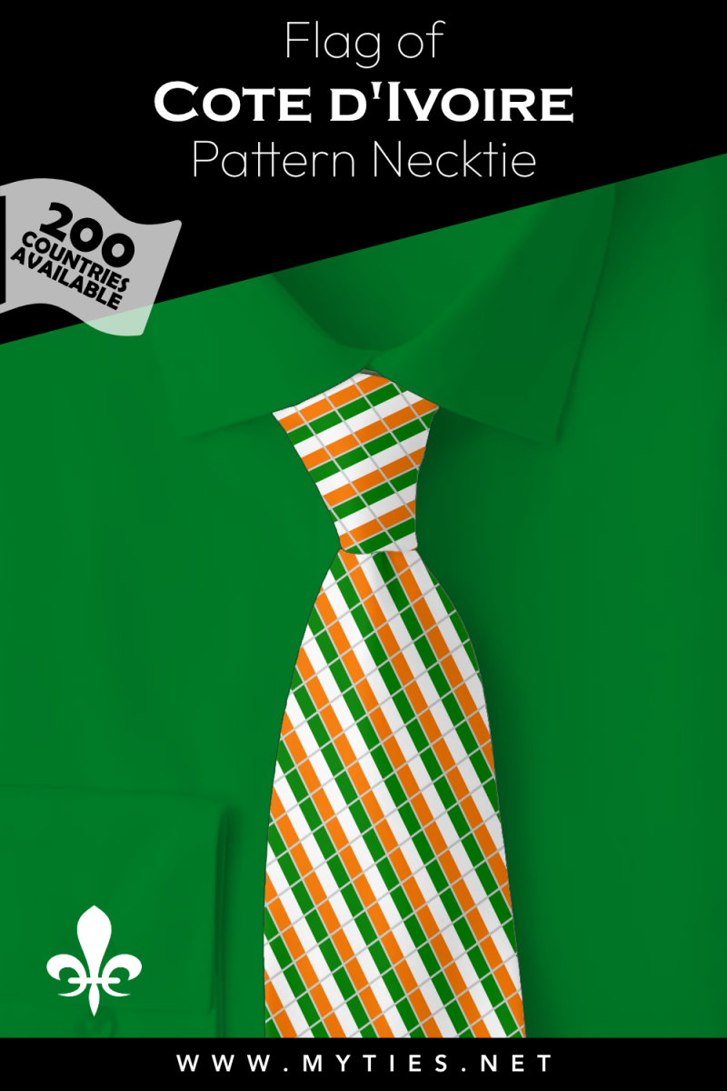 Pinterest Pin image: Flag of Cote d’Ivoire patterned necktie, illustration of Cote d’Ivoire flag necktie on folded green shirt