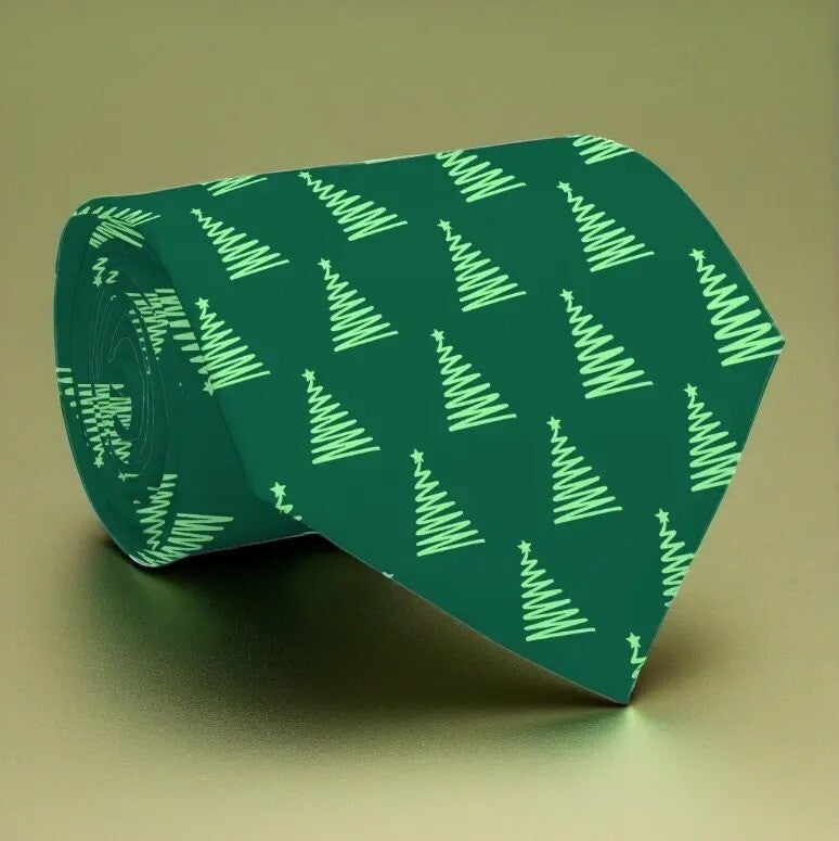 Custom stylized light green Christmas tree pattern created by uploading artwork to a template necktie with a dark green background