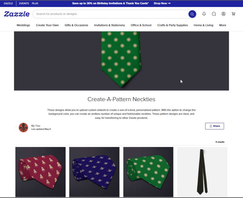 Screenshot of the Create a Pattern Necktie collection on the Zazzle website.