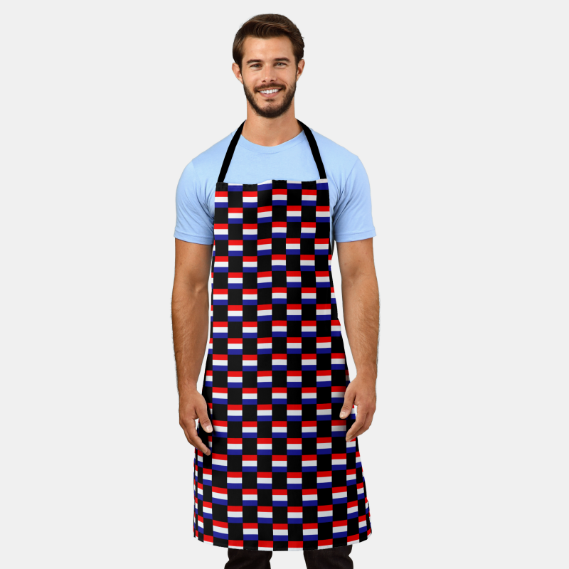 Full-length cooking apron printed with the Croatia flag in a checkered layout.
