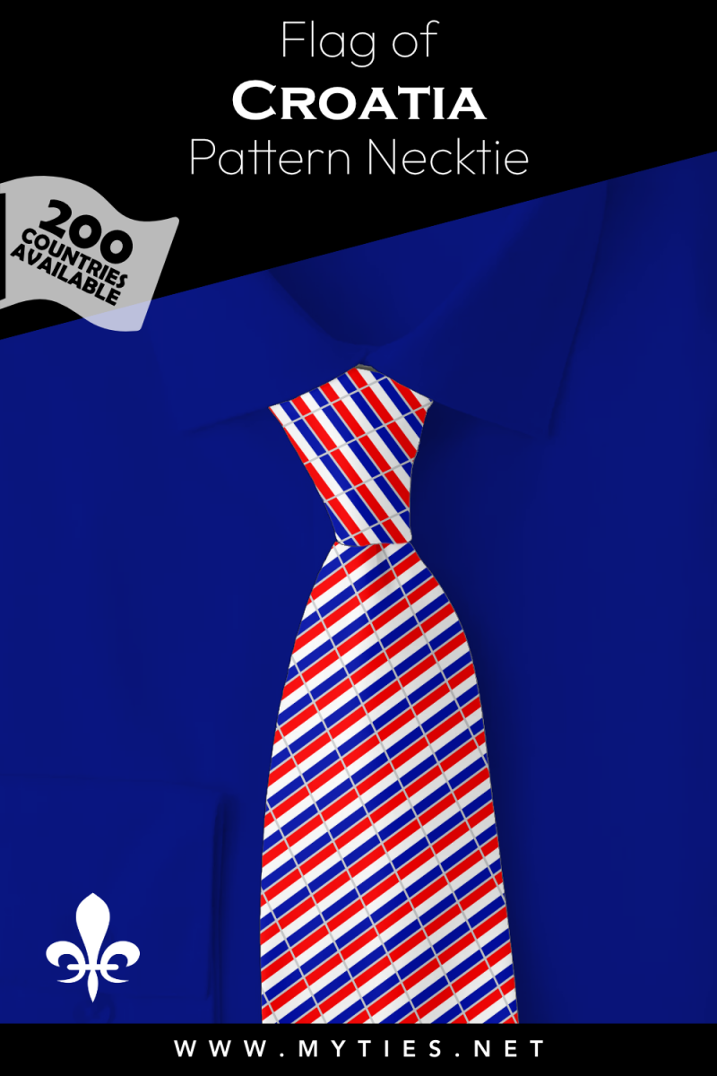 Pinterest Pin image: Flag of Croatia patterned necktie, illustration of Croatia flag necktie on folded blue shirt