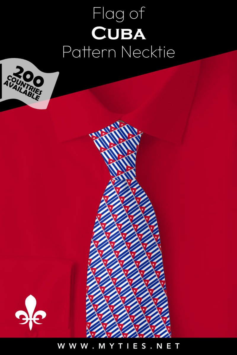 Pinterest Pin image: Flag of Cuba patterned necktie, illustration of Cuba flag necktie on folded Red shirt