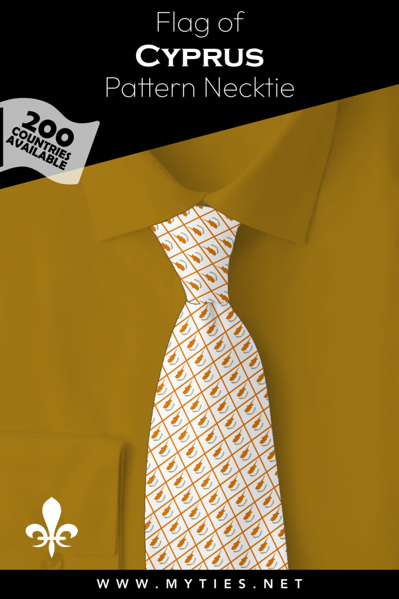 Pinterest Pin image: Flag of Cyprus patterned necktie, illustration of Cyprus flag necktie on folded Gold shirt