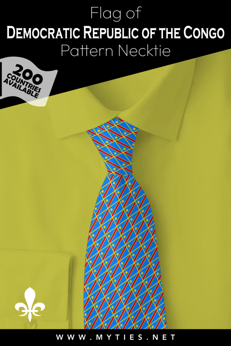 Pinterest Pin image: Flag of Democratic Republic of the Congo patterned necktie, illustration of Democratic Republic of the Congo flag necktie on folded yellow shirt