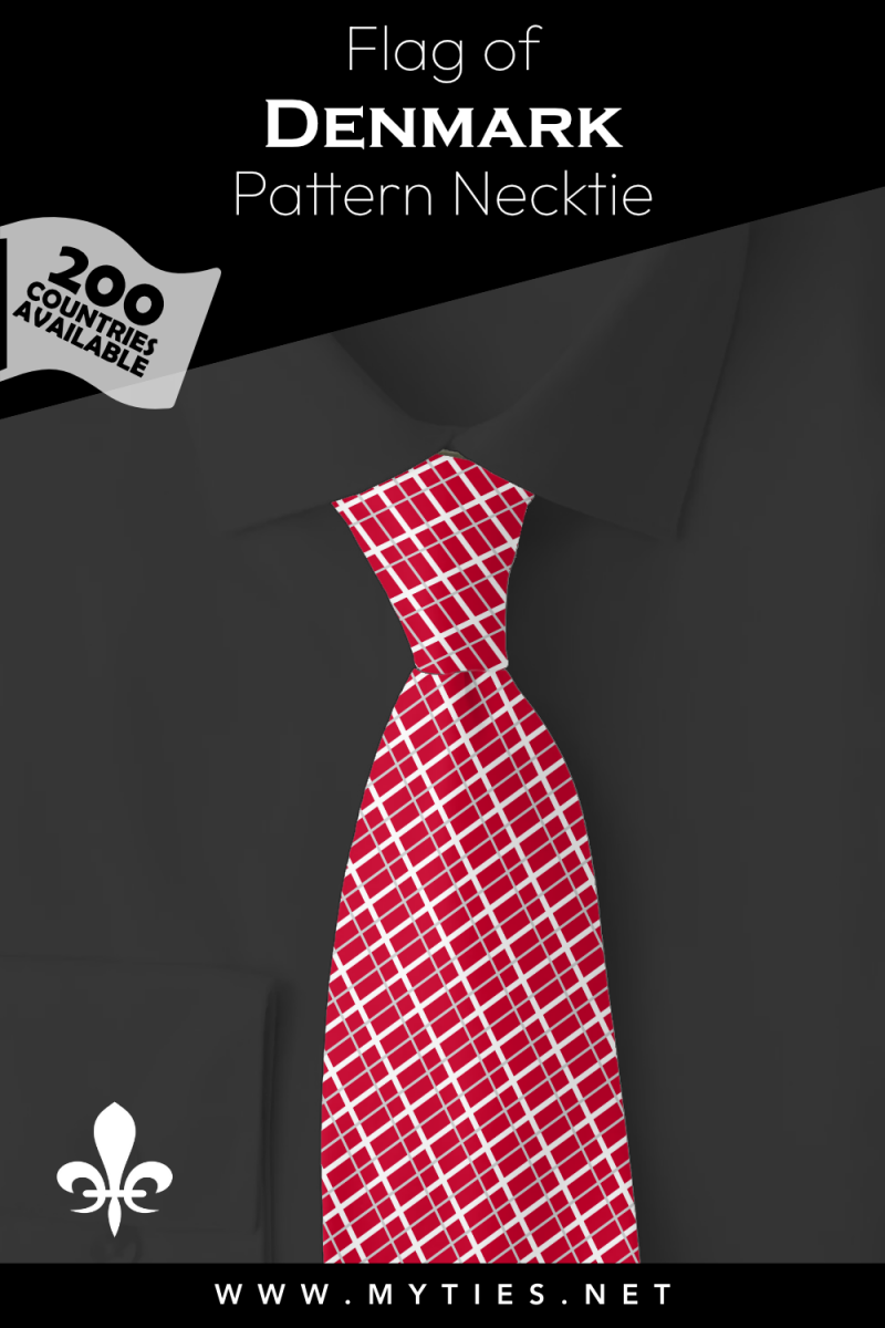 Pinterest Pin image: Flag of Denmark patterned necktie, illustration of Denmark  flag necktie on folded black shirt