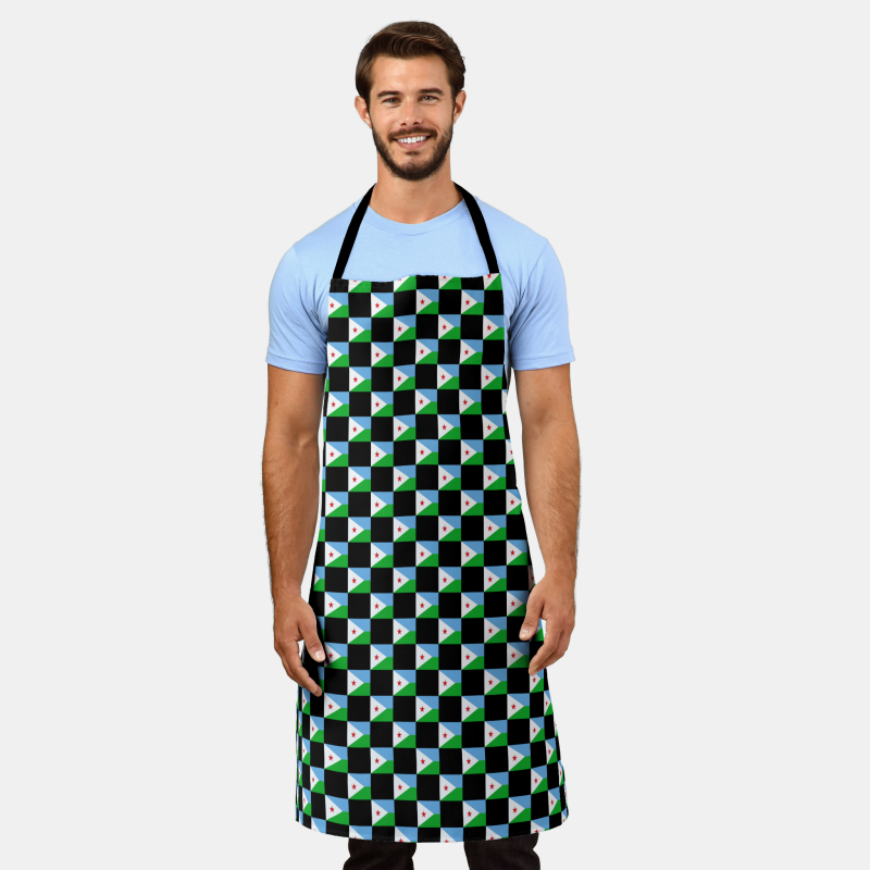 Full-length cooking apron printed with the Djibouti flag in a checkered layout.