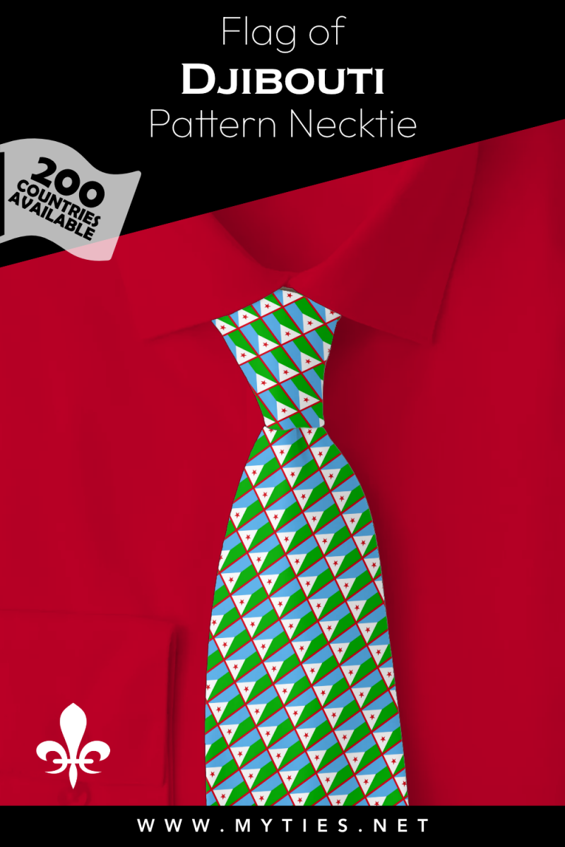 Pinterest Pin image: Flag of Djibouti patterned necktie, illustration of Djibouti  flag necktie on folded red shirt