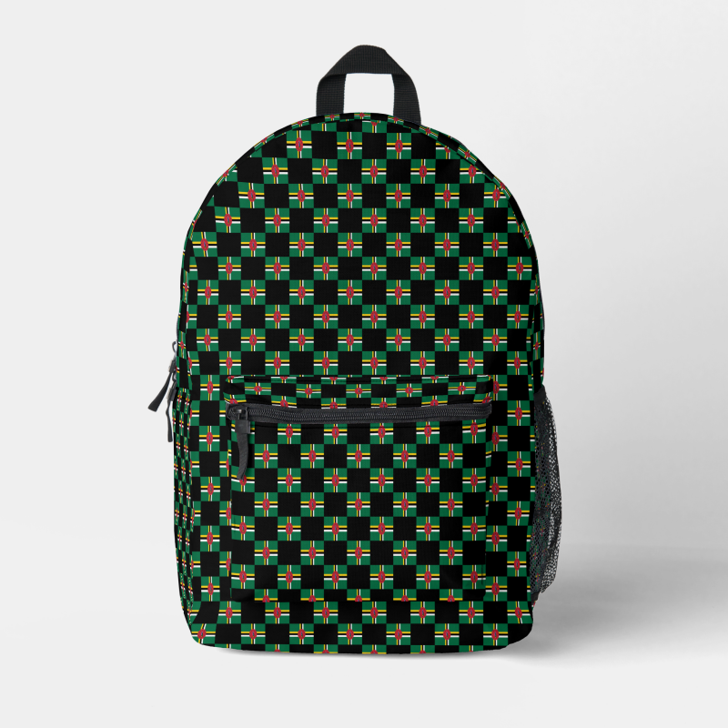 Dominica flag backpack with checkered detailing, blending national pride with everyday function.