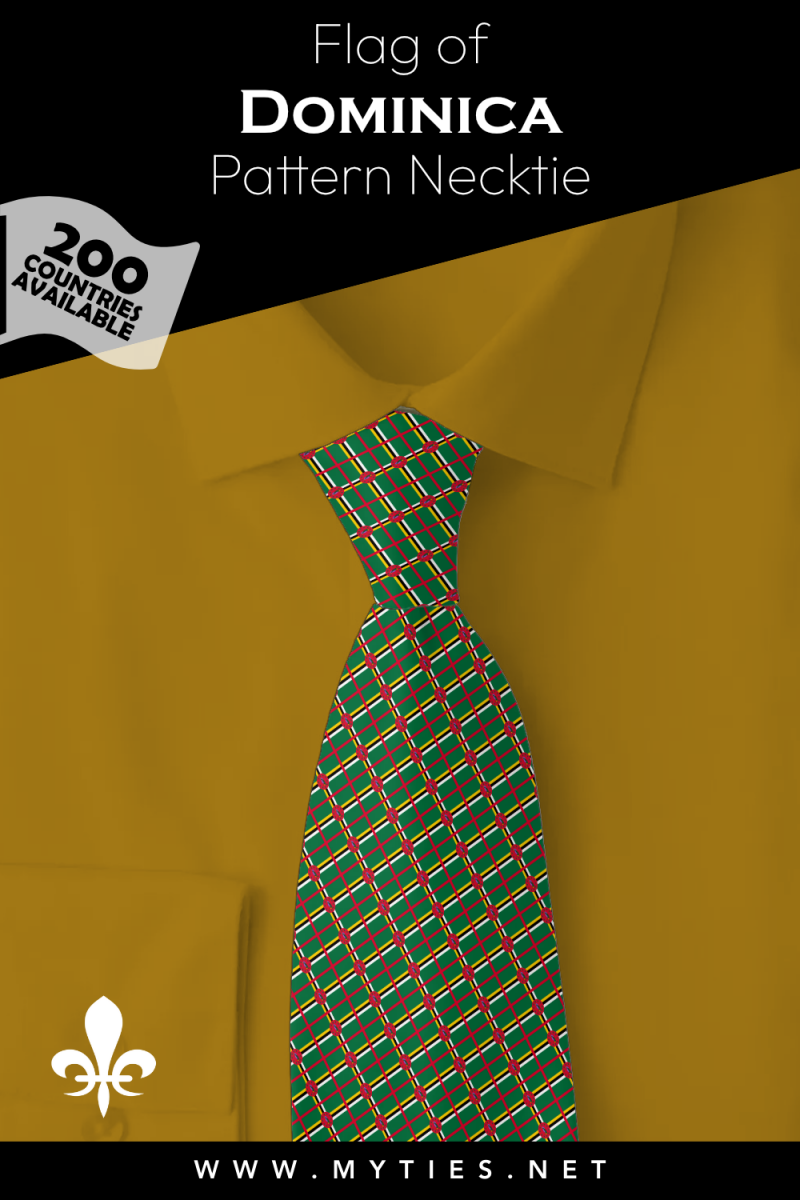 Pinterest Pin image: Flag of Dominica patterned necktie, illustration of Dominica  flag necktie on folded yellow shirt