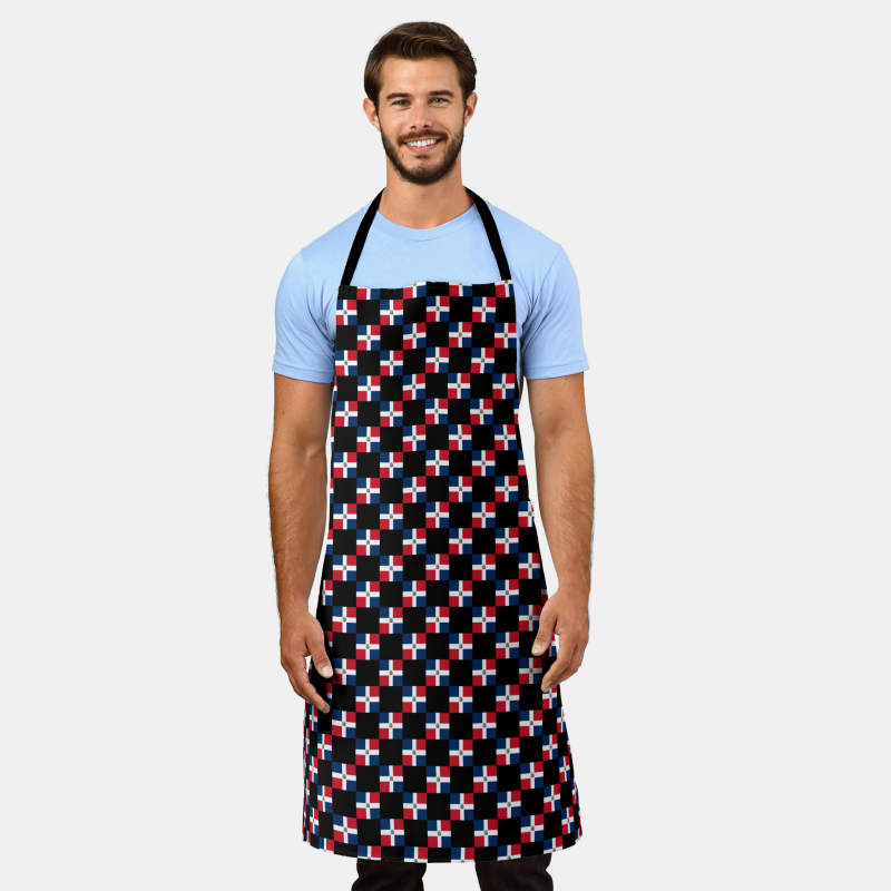 Stylish apron decorated with a checkered Dominican Republic flag pattern, designed for home chefs and BBQ fans.
