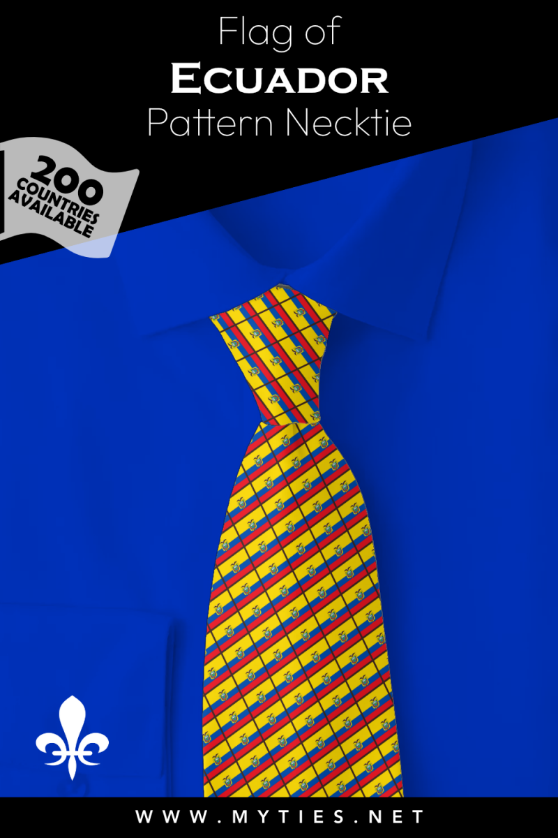 Pinterest Pin image: Flag of Ecuador patterned necktie, illustration of Ecuador  flag necktie on folded blue shirt