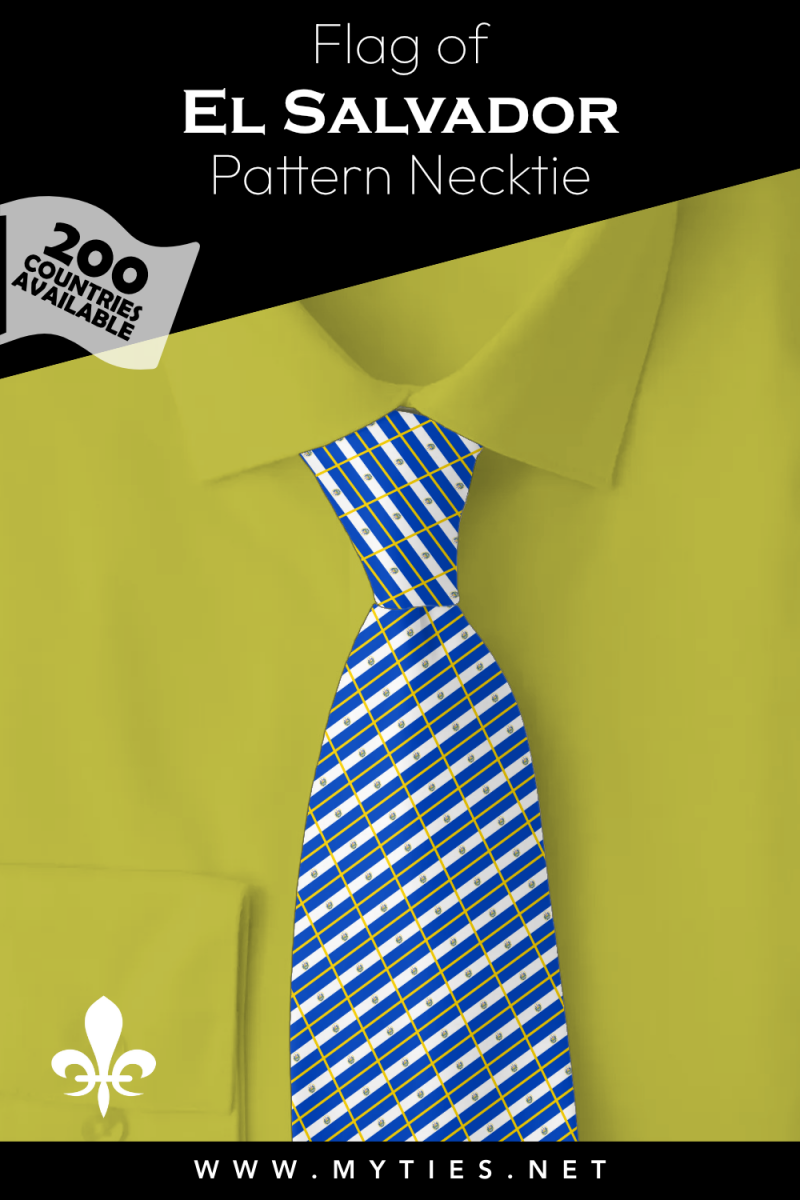 Pinterest Pin image: Flag of El Salvador patterned necktie, illustration of El Salvador  flag necktie on folded yellow shirt