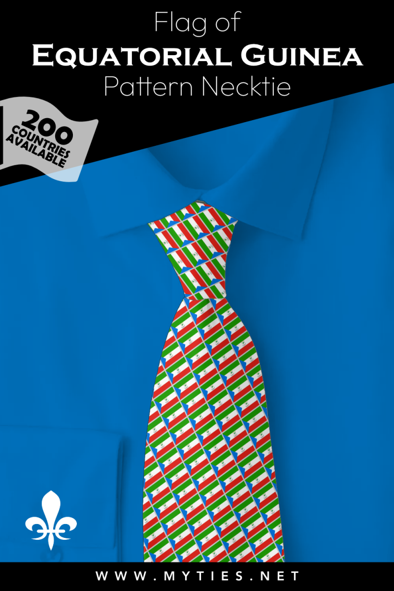 Pinterest Pin image: Flag of Equatorial Guinea patterned necktie, illustration of Equatorial Guinea  flag necktie on folded blue shirt