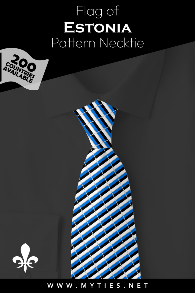 Pinterest Pin image: Flag of Estonia patterned necktie, illustration of Estonia  flag necktie on folded black shirt