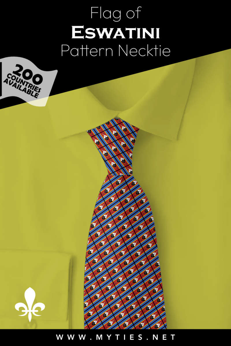 Pinterest Pin image: Flag of Eswatini patterned necktie, illustration of Eswatini  flag necktie on folded yellow shirt