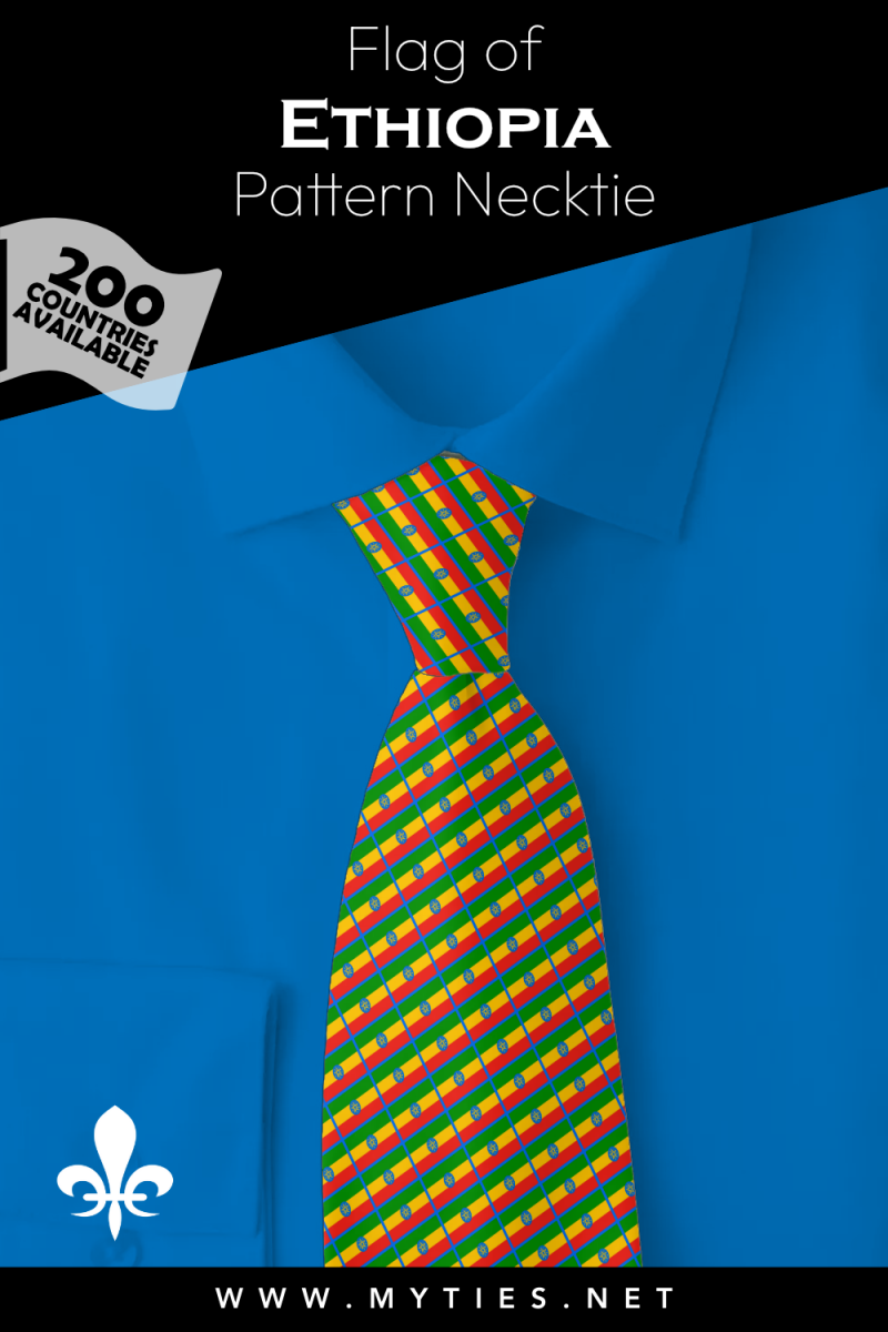 Pinterest Pin image: Flag of Ethiopia patterned necktie, illustration of Ethiopia  flag necktie on folded blue shirt