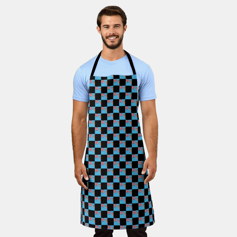 Fiji flag apron with checkered flag motif, ideal for grilling or kitchen use.