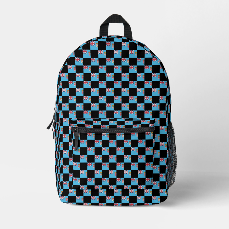 Fiji flag backpack with checkered detailing, blending national pride with everyday function.