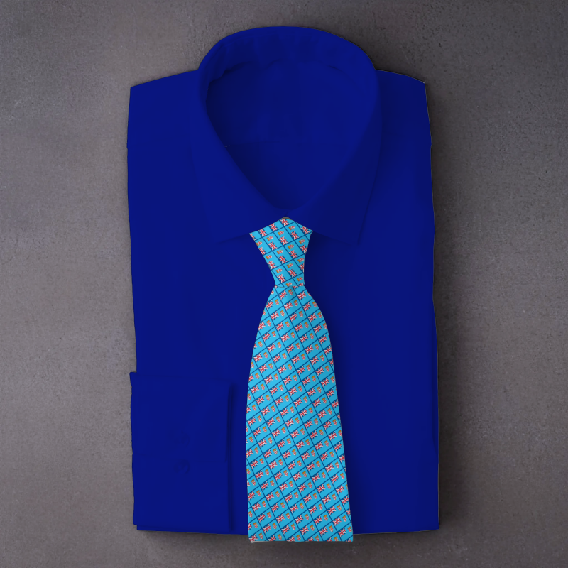Fiji flag necktie on blue folded shirt