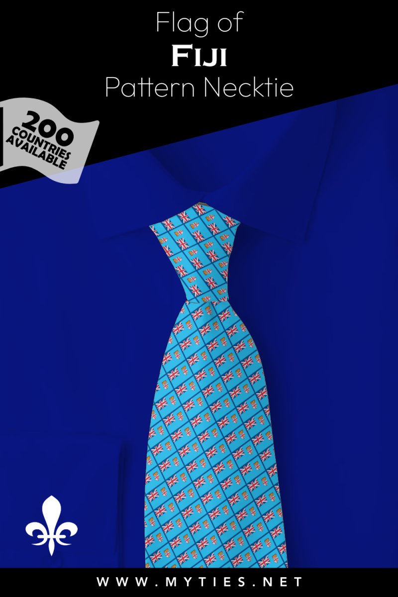 Pinterest Pin image: Flag of Fiji patterned necktie, illustration of Fiji  flag necktie on folded blue shirt