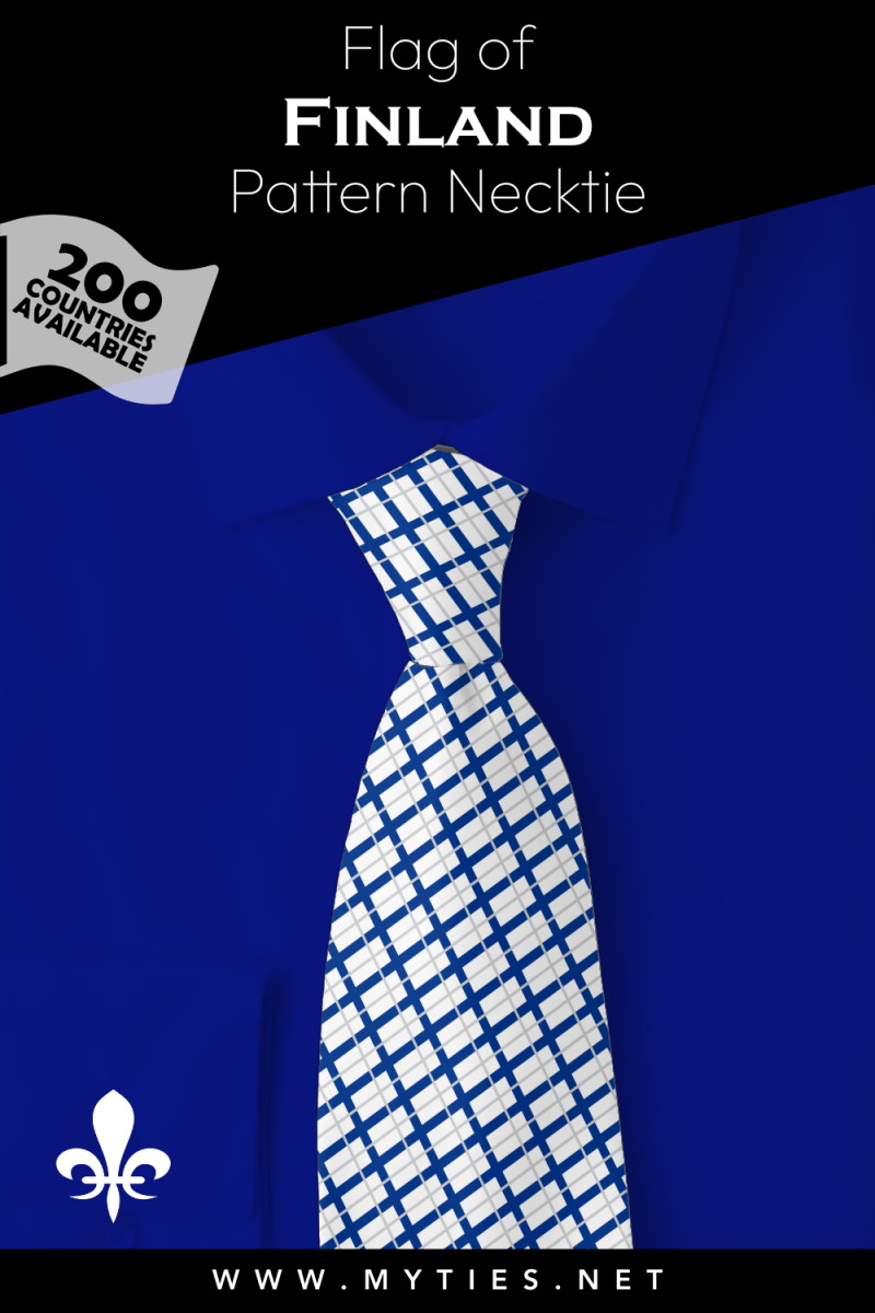 Pinterest Pin image: Flag of Finland patterned necktie, illustration of Finland  flag necktie on folded blue shirt
