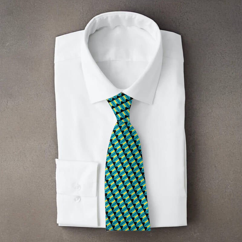 Bahamas flag necktie on folded white shirt