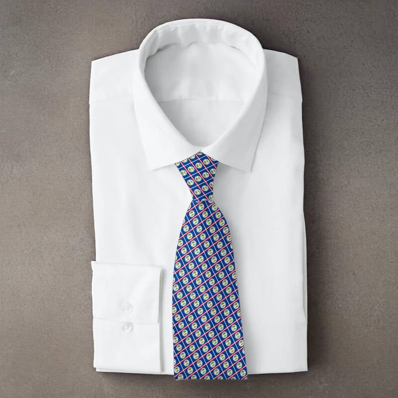 Belize flag necktie on folded white shirt