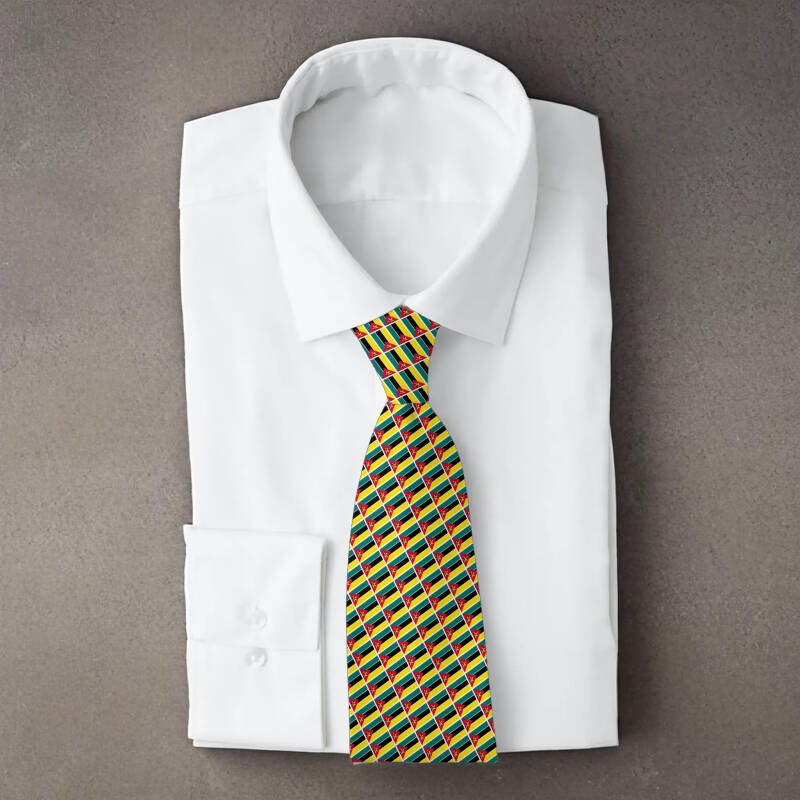Mozambique flag necktie on folded white shirt