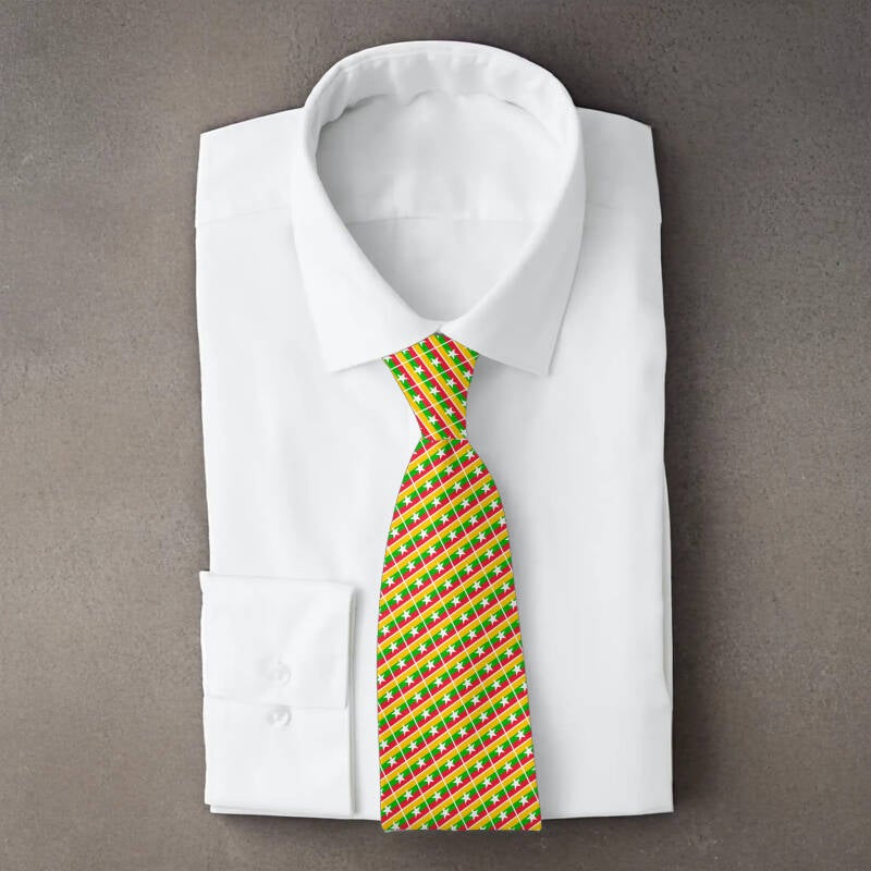 Myanmar flag necktie on folded white shirt