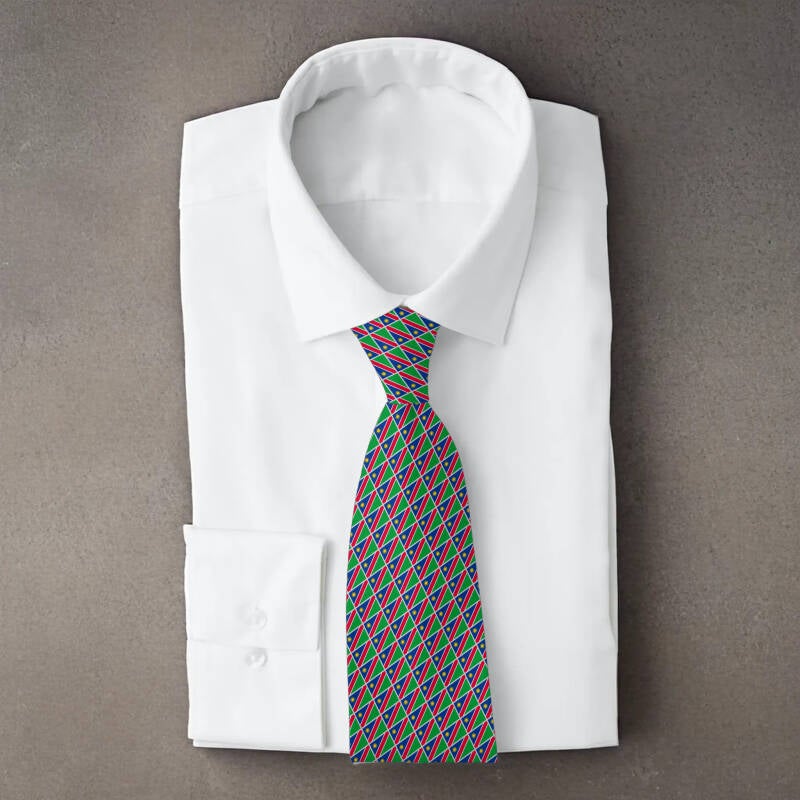 Namibia flag necktie on folded white shirt