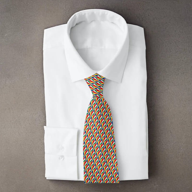 Seychelles flag necktie on folded white shirt
