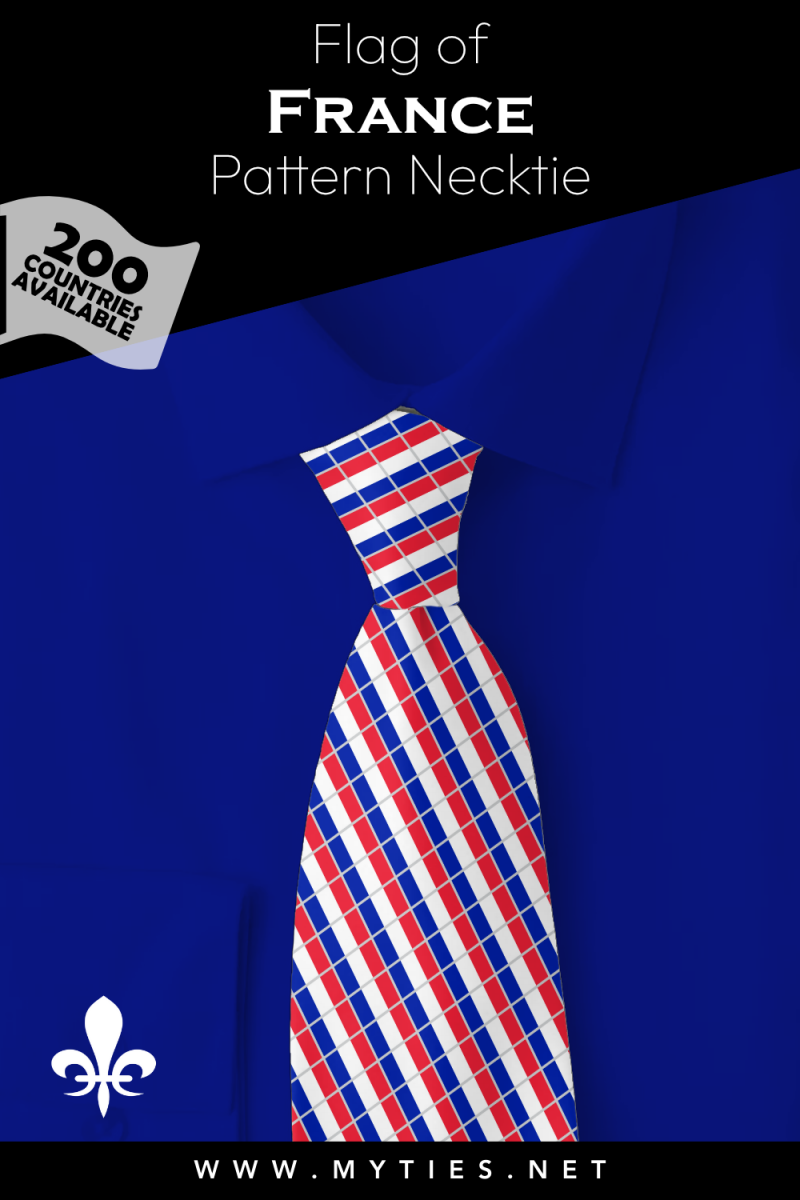 Pinterest Pin image: Flag of France patterned necktie, illustration of France  flag necktie on folded blue shirt
