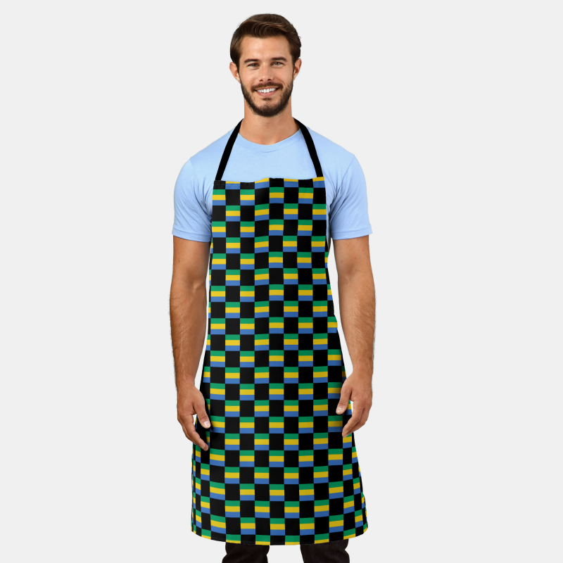 Apron featuring a bold checkered design inspired by the national flag of Gabon.