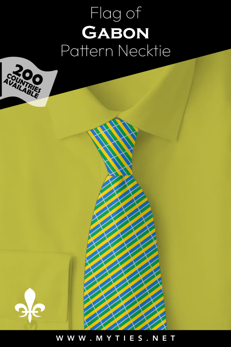 Pinterest Pin image: Flag of Gabon patterned necktie, illustration of Gabon  flag necktie on folded yellow shirt