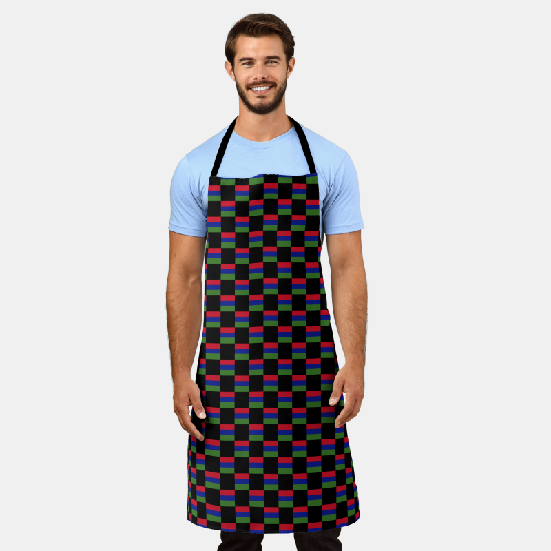 Full-length cooking apron printed with the Gambia flag in a checkered layout.