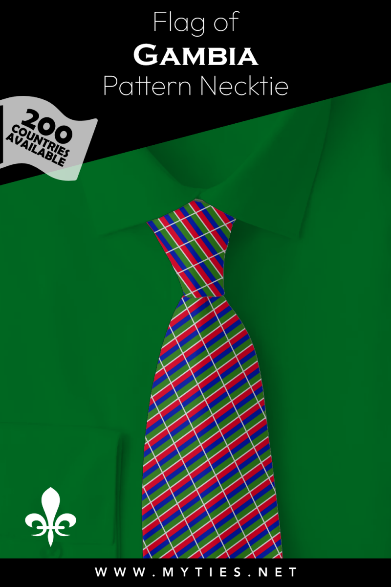 Pinterest Pin image: Flag of Gambia patterned necktie, illustration of Gambia  flag necktie on folded green shirt