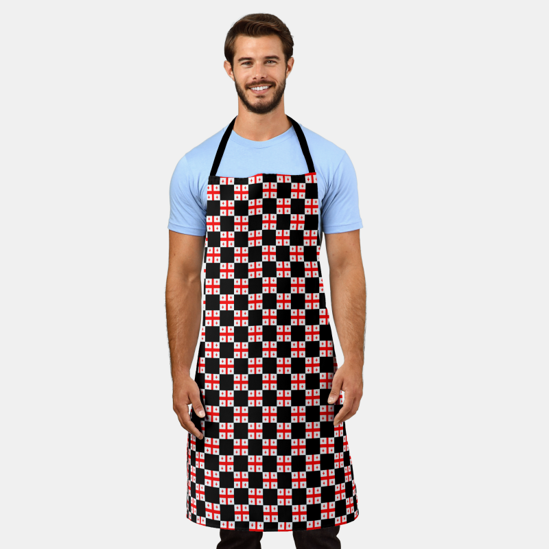 Georgia flag apron with checkered flag motif, ideal for grilling or kitchen use.