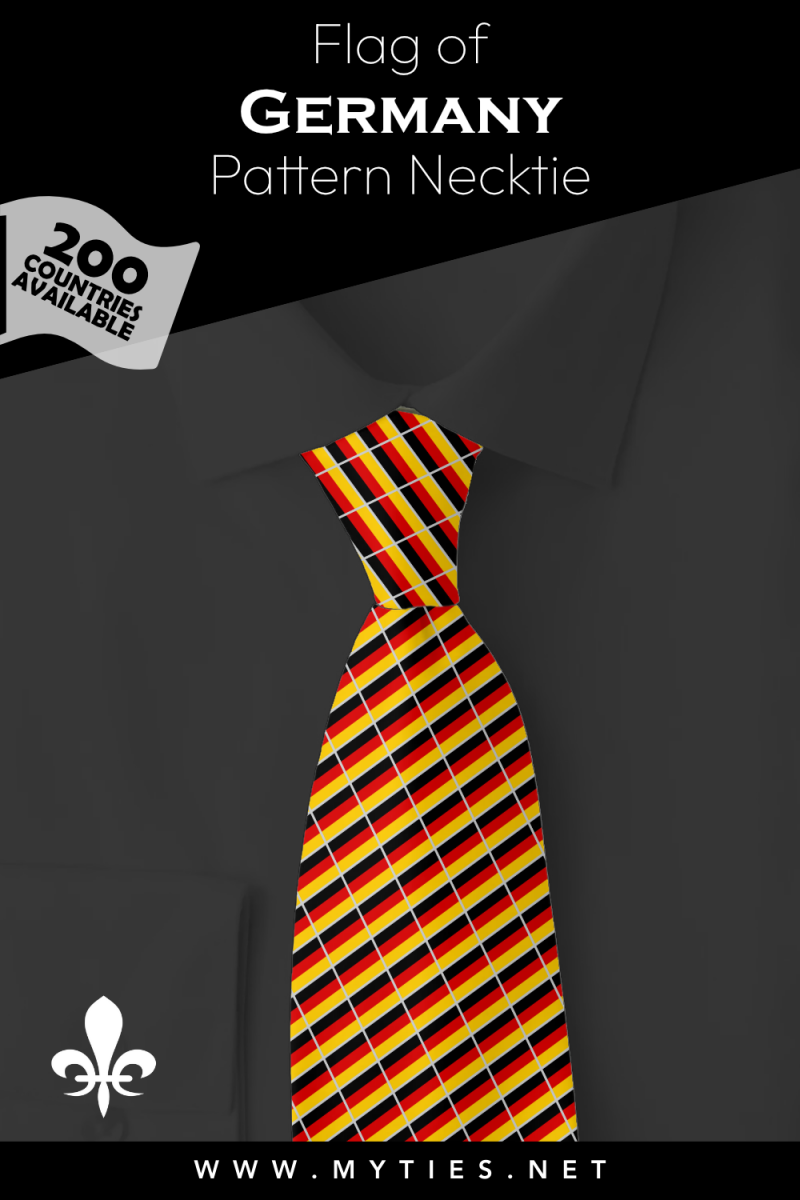Pinterest Pin image: Flag of Germany patterned necktie, illustration of Germany  flag necktie on folded black shirt