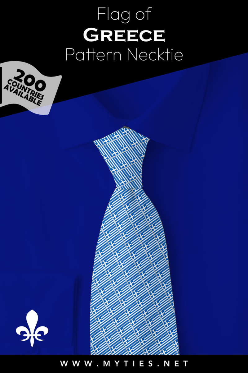 Pinterest Pin image: Flag of Greece patterned necktie, illustration of Greece  flag necktie on folded blue shirt